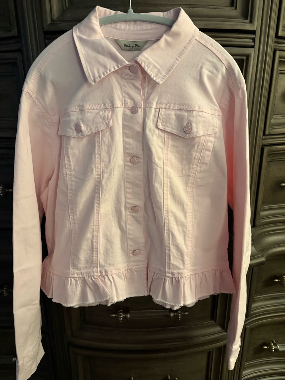 Pale Pink Ruffle-Hem Denim Jacket